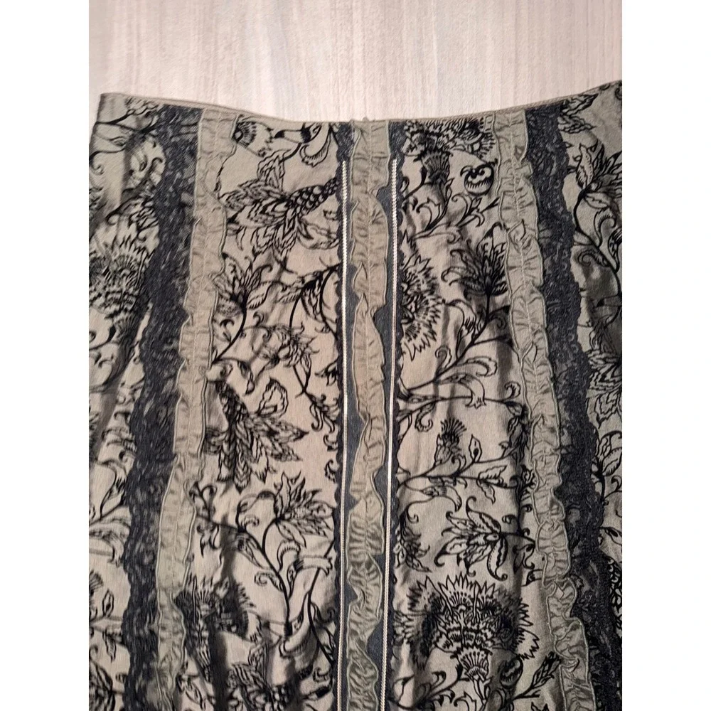 Calico Floral Embroidered Lace Trim Midi Skirt Olive Black Gothic Boho  12 A10